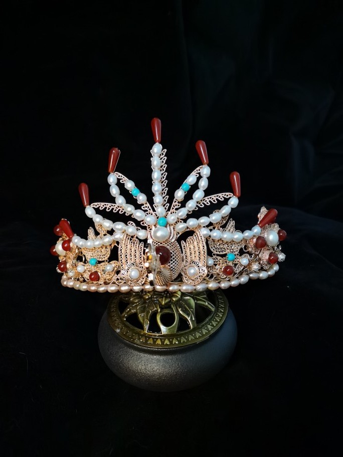 汉服发饰原创古风手工头饰唐风明制凤凰珍珠多宝发冠顶冠铜镀金