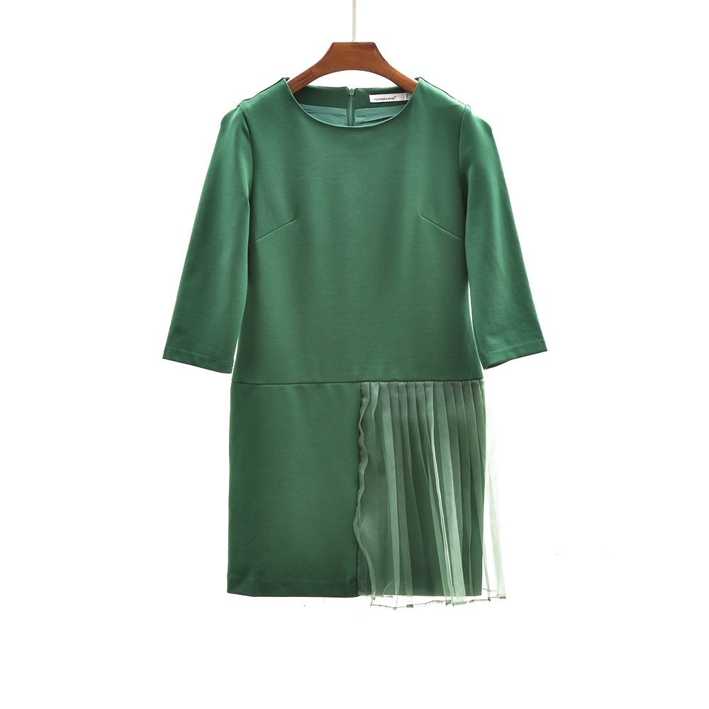 高订重工 春季新品 出口 七分袖拼接百褶纯色连衣裙中裙t恤 ML242