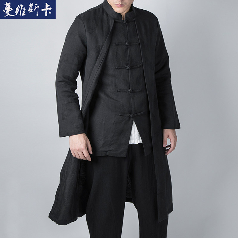 春秋男士长款唐装中国风复古提花汉服棉麻中式风衣宽松大码中山装