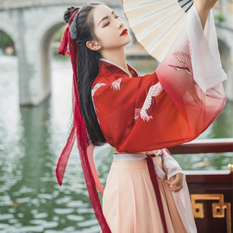 古装女 汉服 襦裙_汉服女古风学生红色古装兰陵王舞蹈服cos演出服齐腰