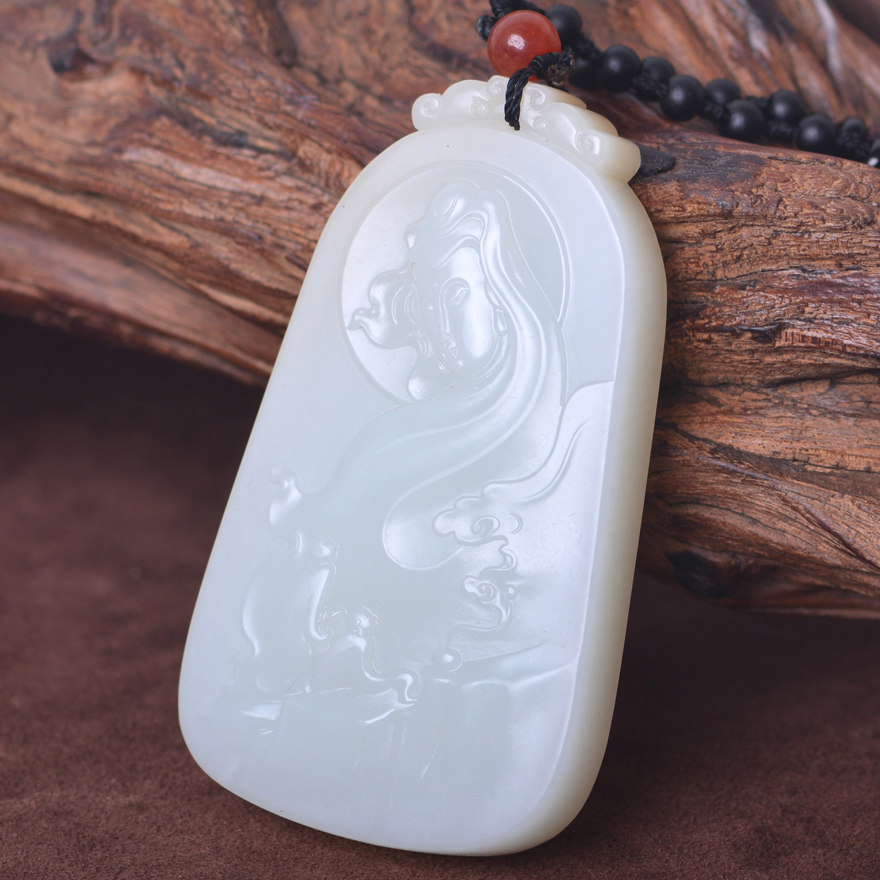 和田玉白玉悟道观音玉牌挂件 130.48克