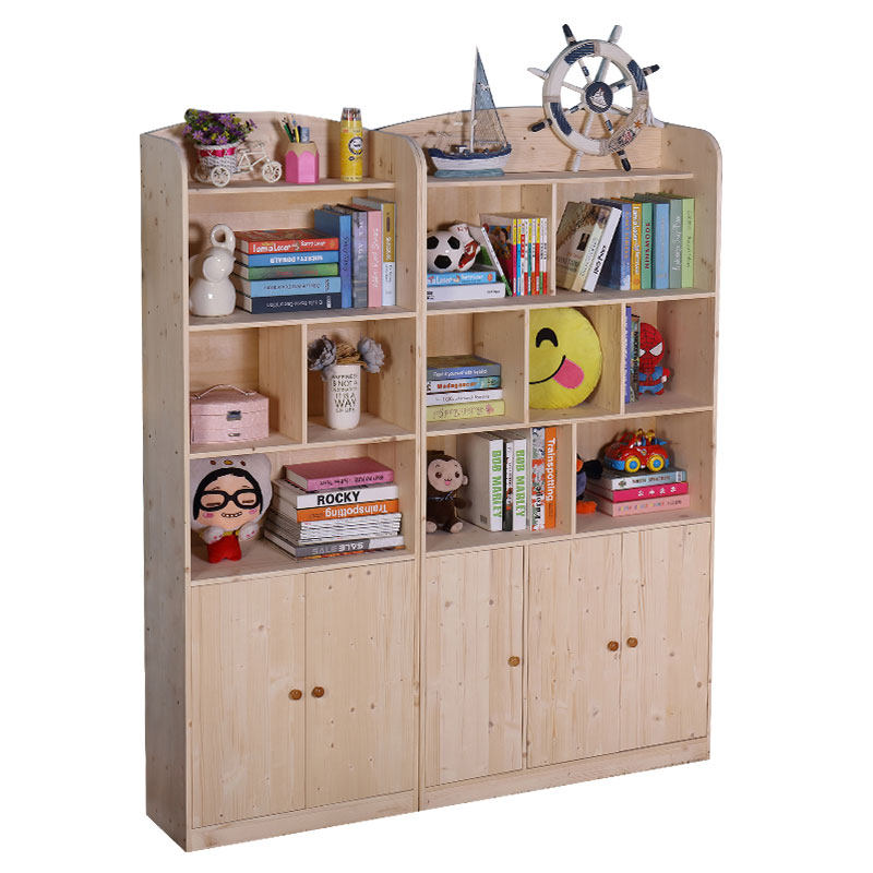 实木书柜儿童书架松木带柜门储物柜家用学生书房组合柜书橱整理柜_5折