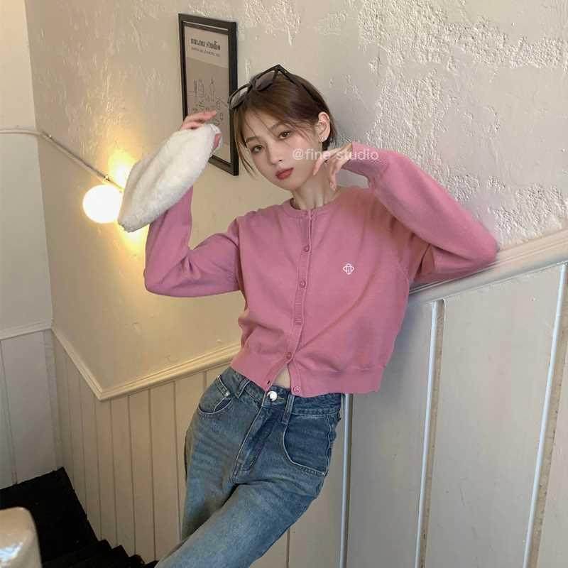 短款针织开衫外套女树莓色毛衣小个子内搭粉色秋冬韩系上衣温柔