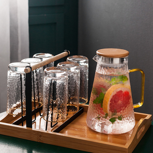 家用玻璃水具套装简约北欧冷水壶耐热锤纹玻璃杯6只装带托盘杯架