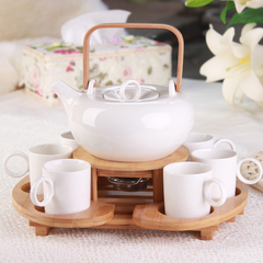 简约纯白陶瓷壶英式下午茶套装日式家用花茶茶具整套配木架可加热
