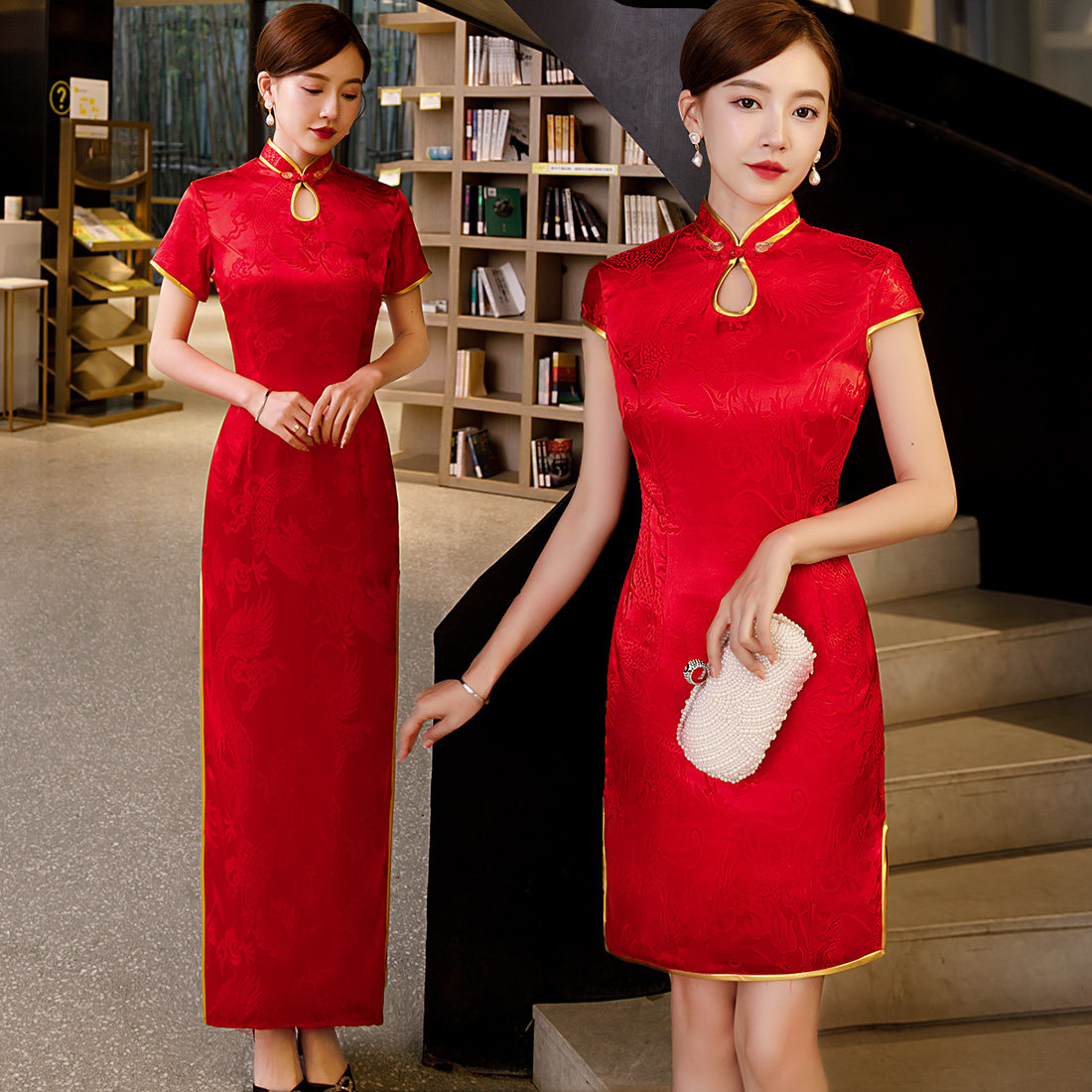 礼仪服装女迎宾小姐旗袍颁奖大红红色接待外嫁女回娘家旗袍红装