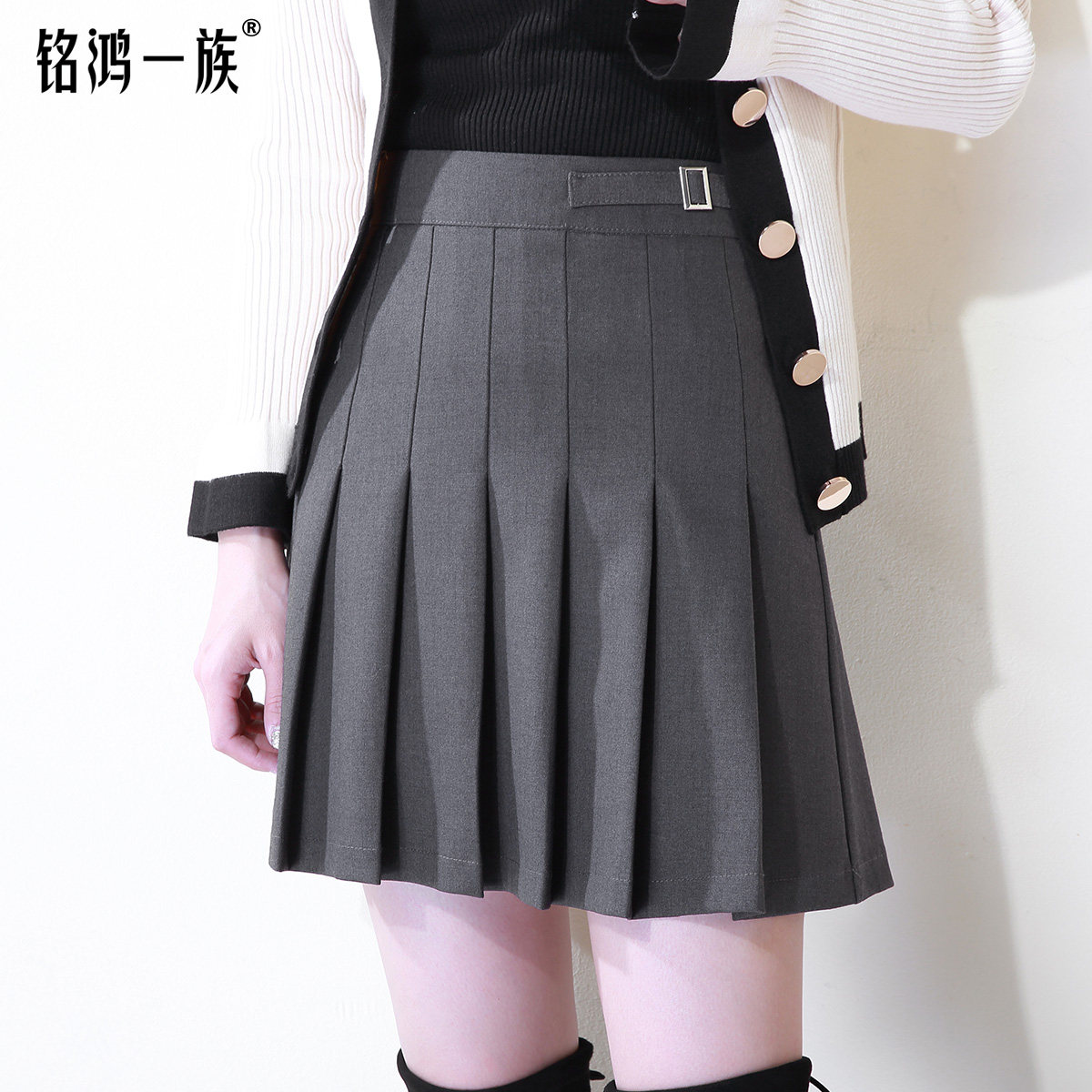 铭鸿一族百褶短裙女春秋高腰英伦风灰色褶子裙新款a字显瘦半身裙