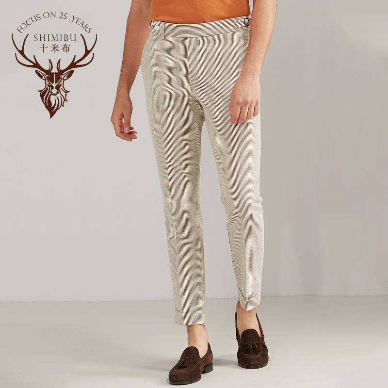 十米布纯棉棕色条纹休闲裤个性巴黎扣加长圆腰头单褶卷边裤子男|ruв категории Мужская одежда, брюки - от Buy2taobao.com для оказания профессиональной услуги покупки агента Taobao