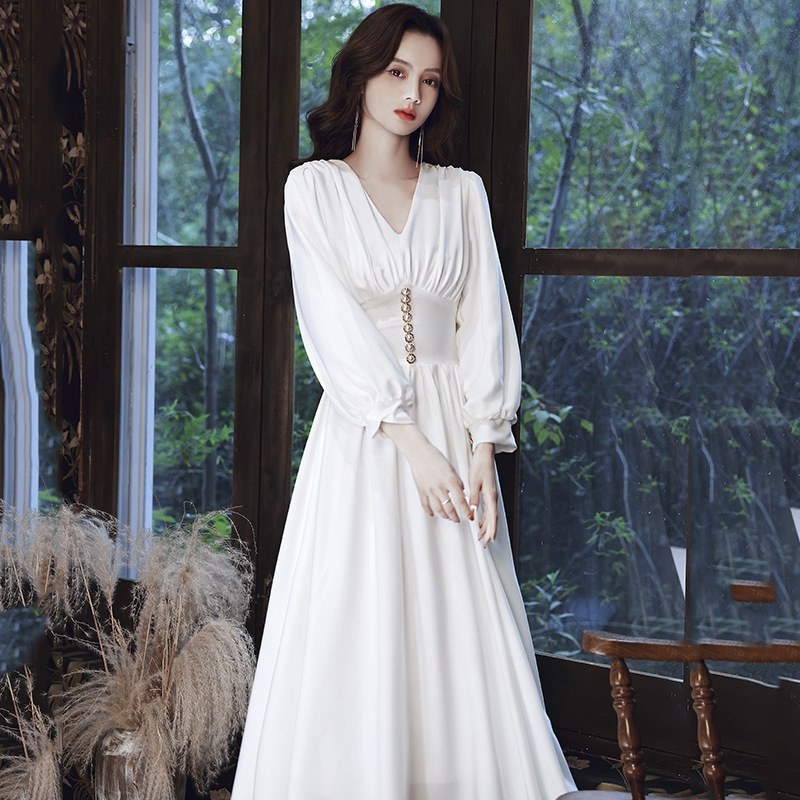 晚礼服2022新款领证小白裙气质宴会白色长袖晚礼服简单大方轻婚纱