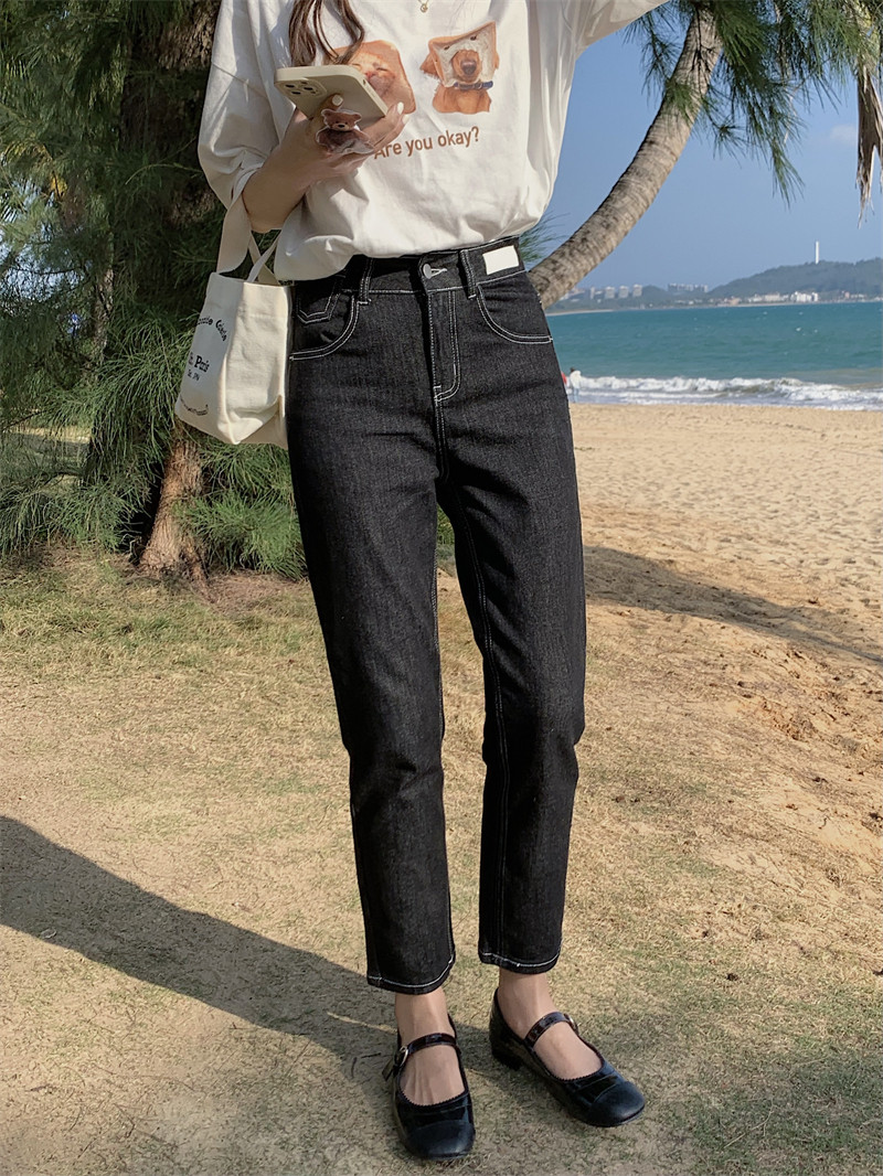 oneday2022年春夏新款高腰深色牛仔裤女宽松显瘦小个子烟管裤子