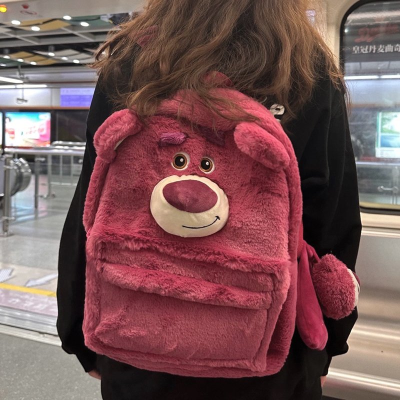 迪士尼毛绒双肩包女可爱草莓熊苏利文书包新款大容量背包