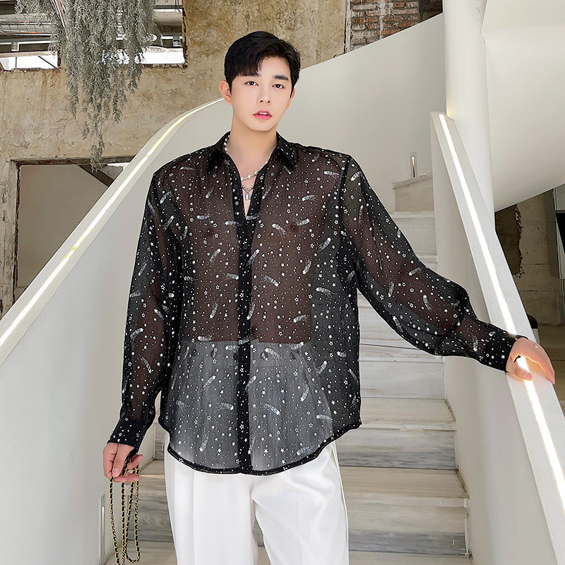 夏季网红ins潮男士烫金网纱透视衬衫气质中性防晒衣网红超薄小众