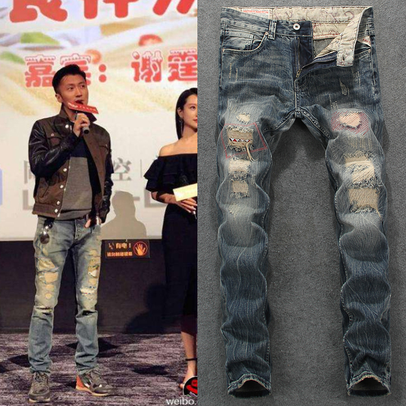 意大利欧美秋季复古做旧补丁刺绣破洞个性小直筒牛仔裤男修身潮流|ruв категории Мужская одежда, джинсы - от Buy2taobao.com для оказания профессиональной услуги покупки агента Taobao