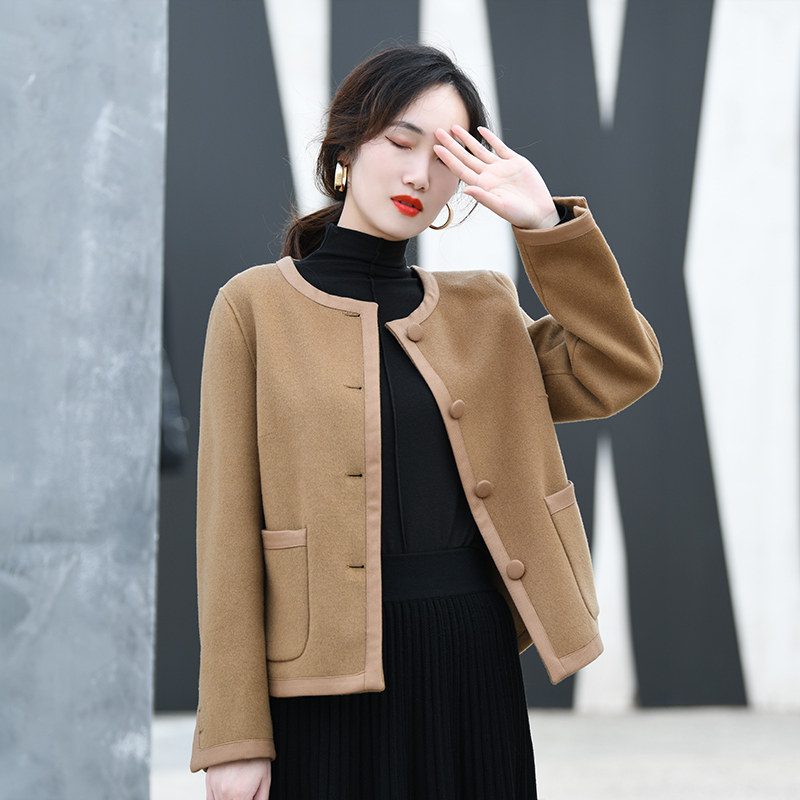 双面羊绒大衣女短款2021年新款时尚气质圆领小个子高端羊毛双面呢