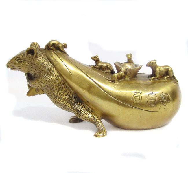 益鼎贵铜鼠生肖鼠 黄金袋鼠 运财鼠摆件 拉袋鼠 铜老鼠