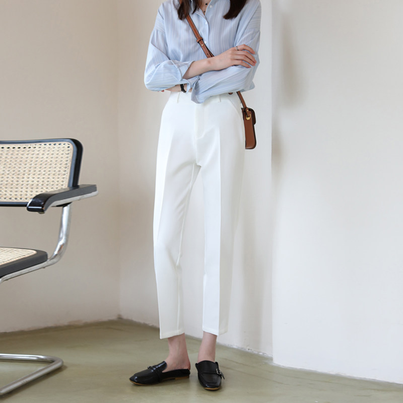 简约白色休闲西裤女九分小脚直筒裤宽松高腰西装裤韩版垂感烟管裤