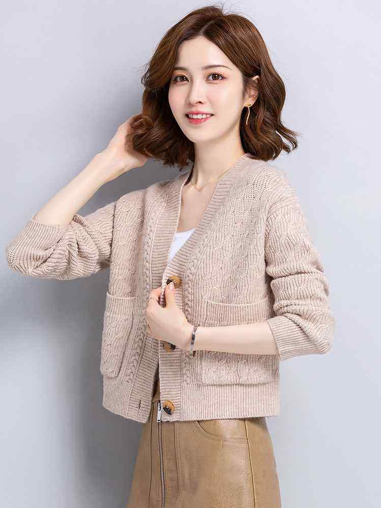 女士短款毛衣小外套春装2022年新款女装麻花高腰外搭上衣针织开衫