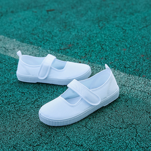 纯白色幼儿园鞋舞蹈表演出女童儿童白布鞋帆布鞋学生鞋魔术贴童鞋