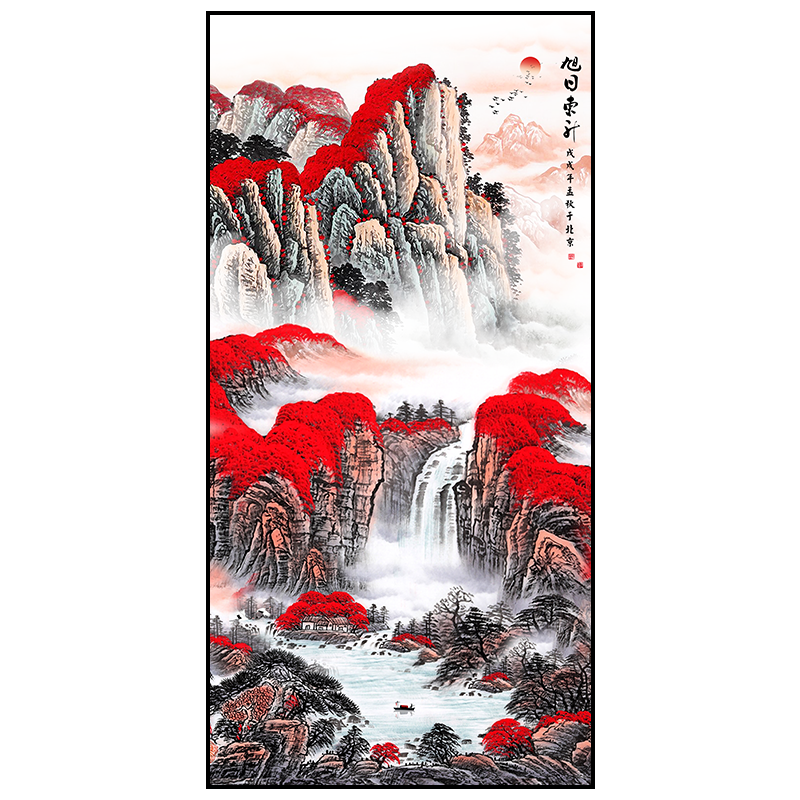 新中式入户玄关装饰画鸿运当头走廊招财过道竖版壁纸画挂画山水画