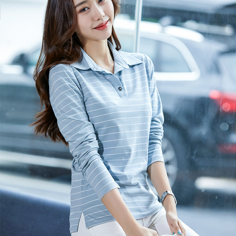 条纹有带领长袖t恤女宽松纯棉翻领polo衫上衣2022春秋女士打底衫