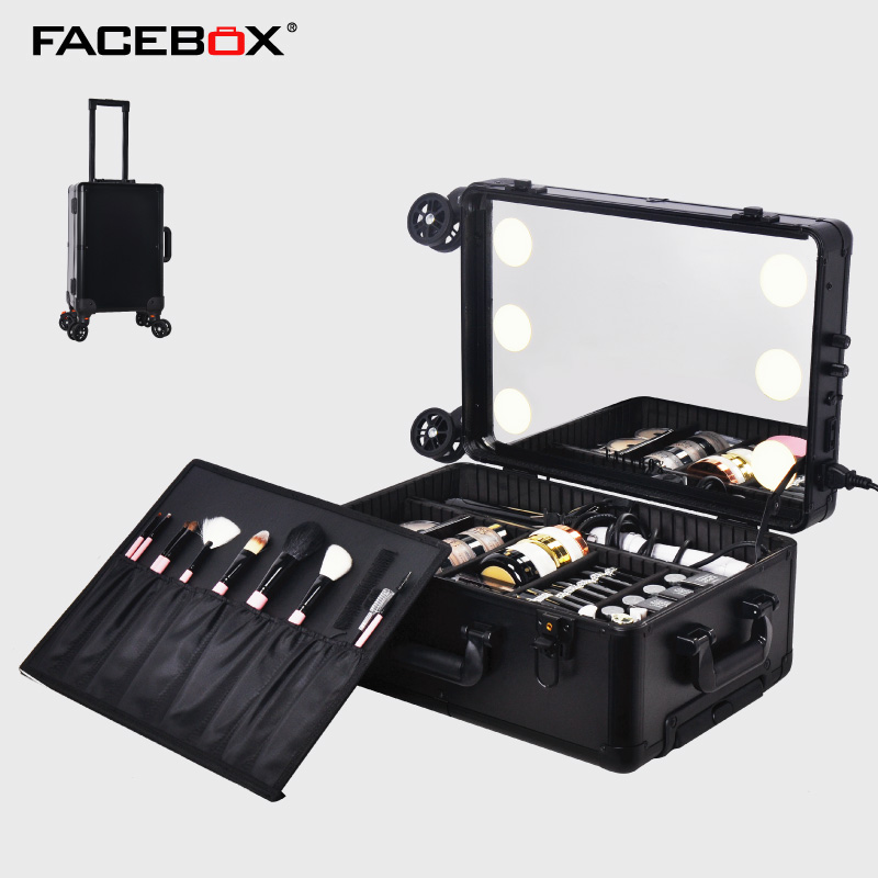 FACEBOX 专业拉杆化妆灯箱带镜 带轮LED灯 可调光调色 插卷棒工具