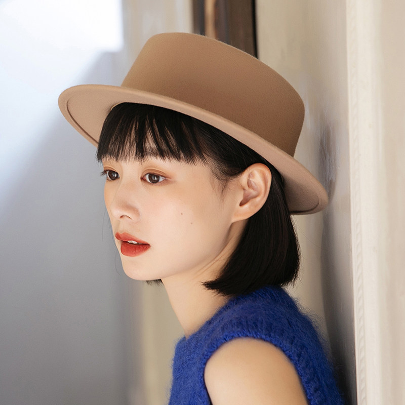 法式平檐礼帽女秋冬季21新款复古英伦时尚帽子女百搭平顶羊毛毡帽