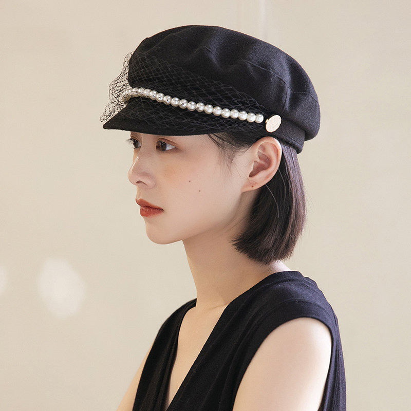 春秋海军帽女网纱短檐优雅鸭舌帽百搭韩版时尚八角帽女冬季帽子女