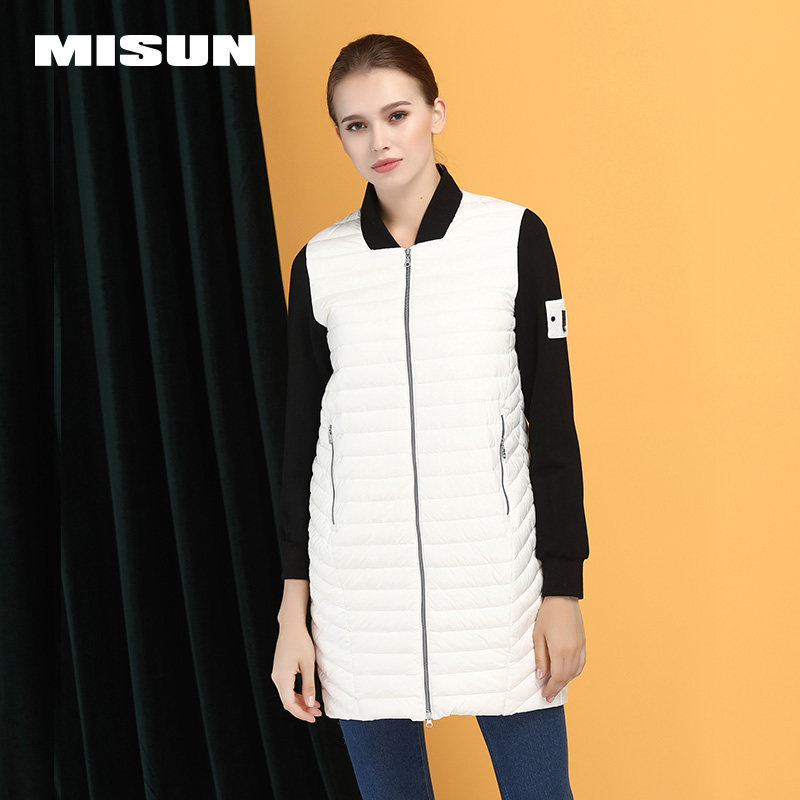 misun/米尚2018秋冬新款欧洲站呢子拼接中长款轻薄羽绒服女士女装