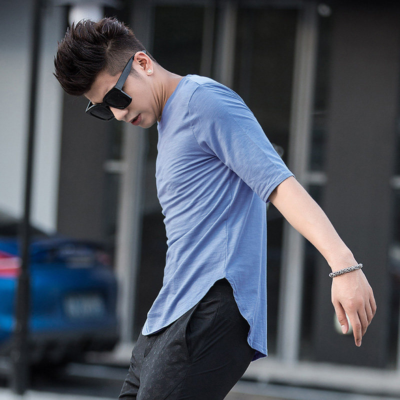 中袖t恤男五分袖圆领纯色简约夏季衣服 弧形摆宽松潮流竹节棉半袖
