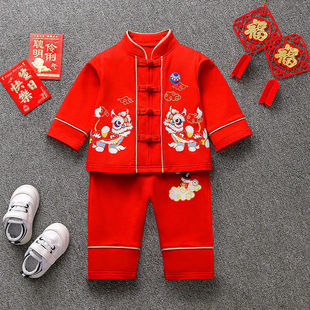 男宝宝一周岁抓周礼服男孩春秋款红色套装男童新中式衣服夏季汉服