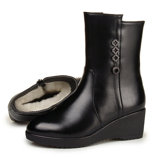 真皮羊毛靴女靴冬季加绒中筒靴粗跟马丁靴中跟厚底短靴棉鞋女棉靴
