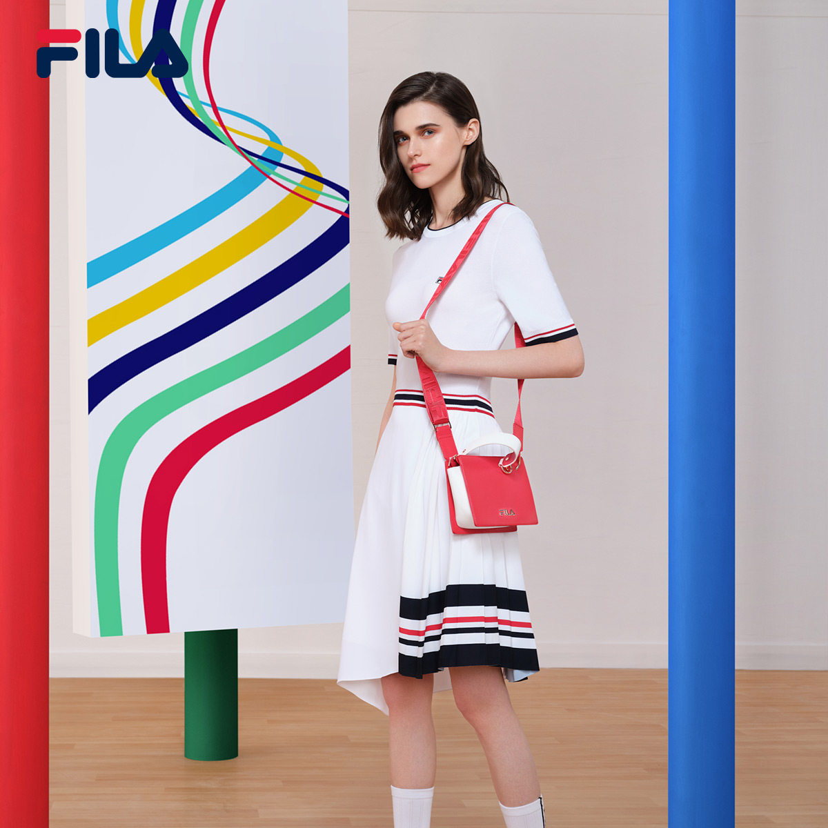 fila斐乐女子连衣裙2021年夏秋新款时尚休闲针织显瘦拼接运动裙子