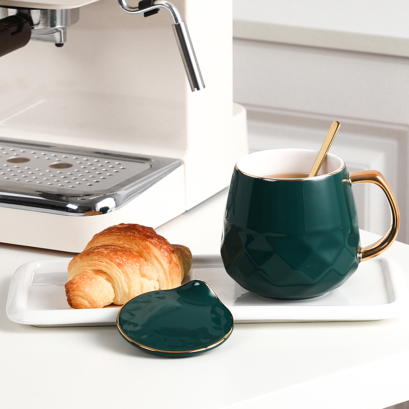 创意陶瓷咖啡杯子北欧ins简约马克杯带盖勺家用早餐杯办公室水杯