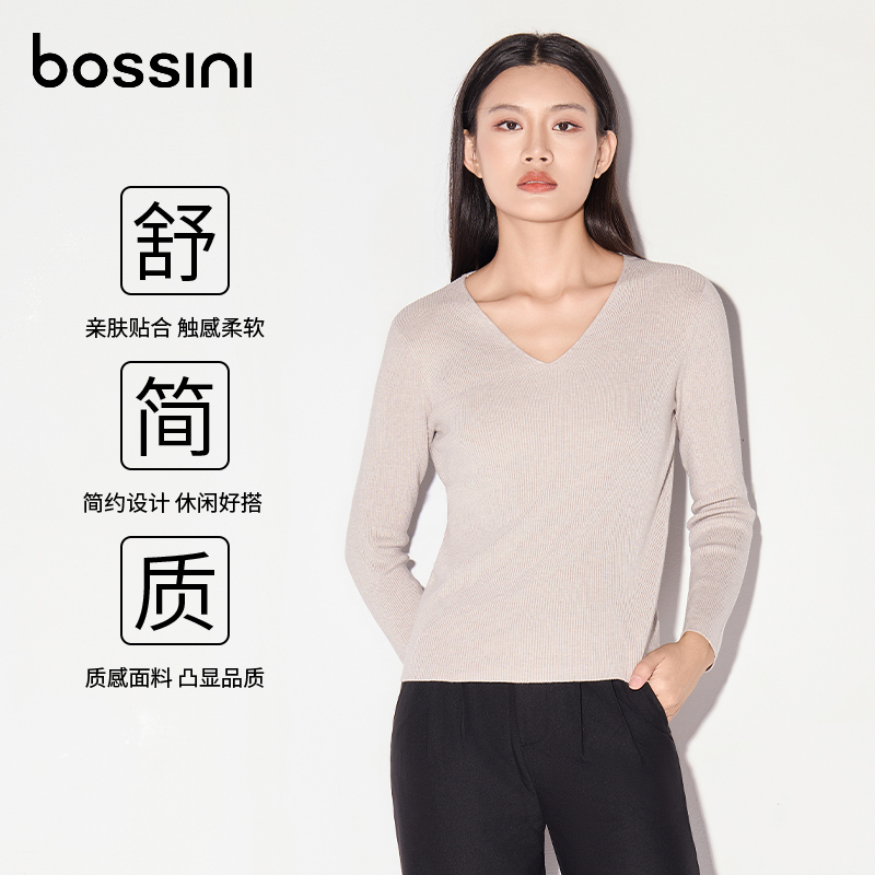 bossini女装23秋冬新品时尚短款竖条纹V领修身内搭针织衫毛衣