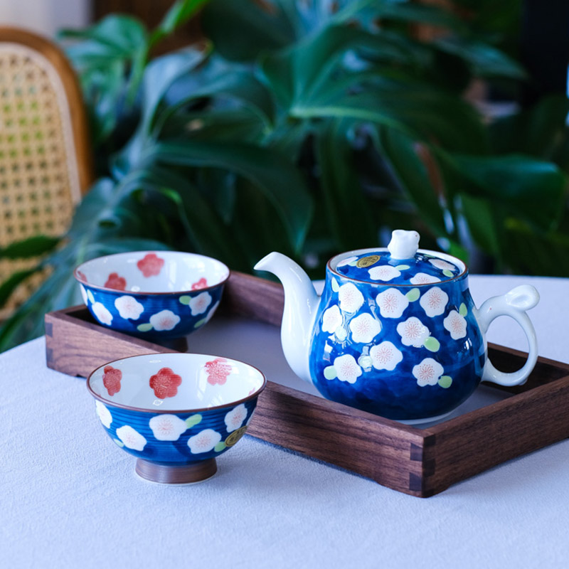日本制进口有田烧复古蓝色梅花兔子茶具礼盒茶壶茶杯日式茶具套装