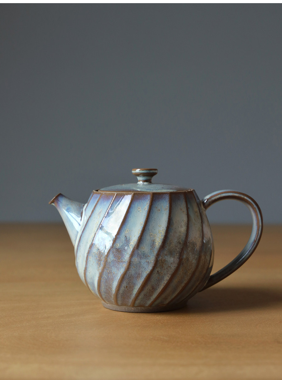 日本进口波佐见烧手绘釉下彩复古日式线条陶瓷大茶壶带滤网茶杯子