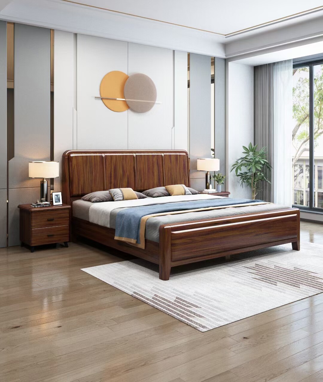 新中式实木床1.8米乌金木双人床北欧现代简约胡桃色1.5米床客房床