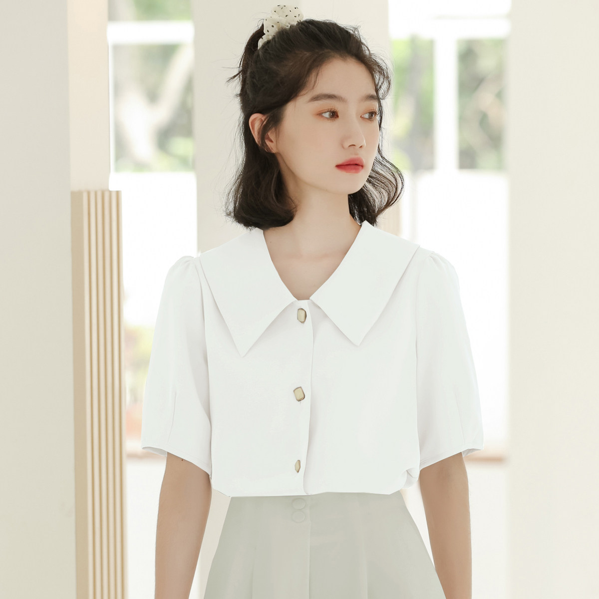 娃娃领雪纺衬衫短袖女士设计感小众2021夏季衬衣短款法式上衣