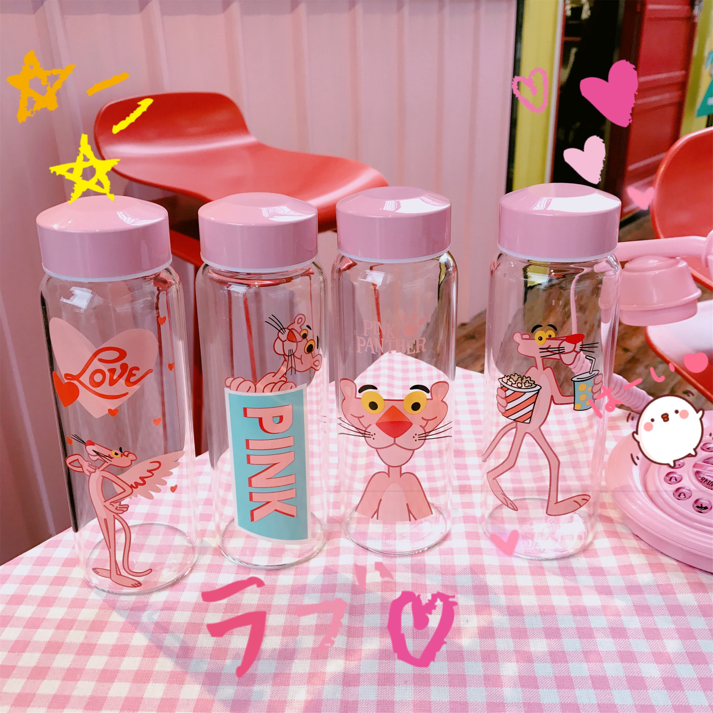 韩国可爱卡通粉色少女心印花水杯玻璃杯软妹随手杯学生水杯牛奶杯