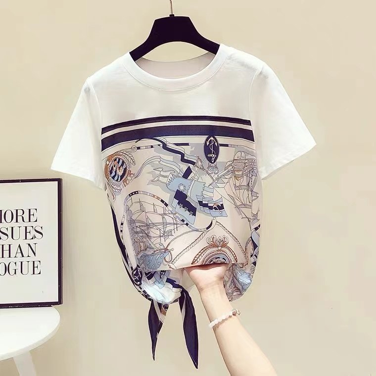 PF14363# 不规则下摆打结T恤女装短袖宽松百搭设计感雪纺上衣夏季新款