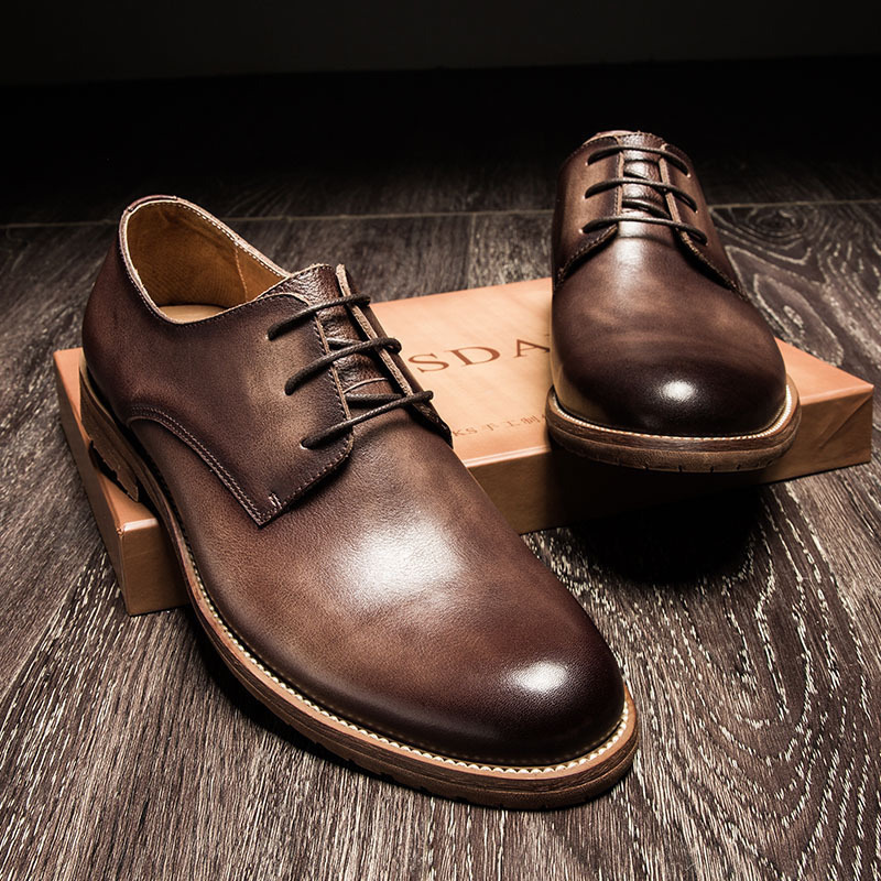 2020新品英伦复古男鞋休闲皮鞋真皮正装鞋百搭时尚系带圆头男婚鞋