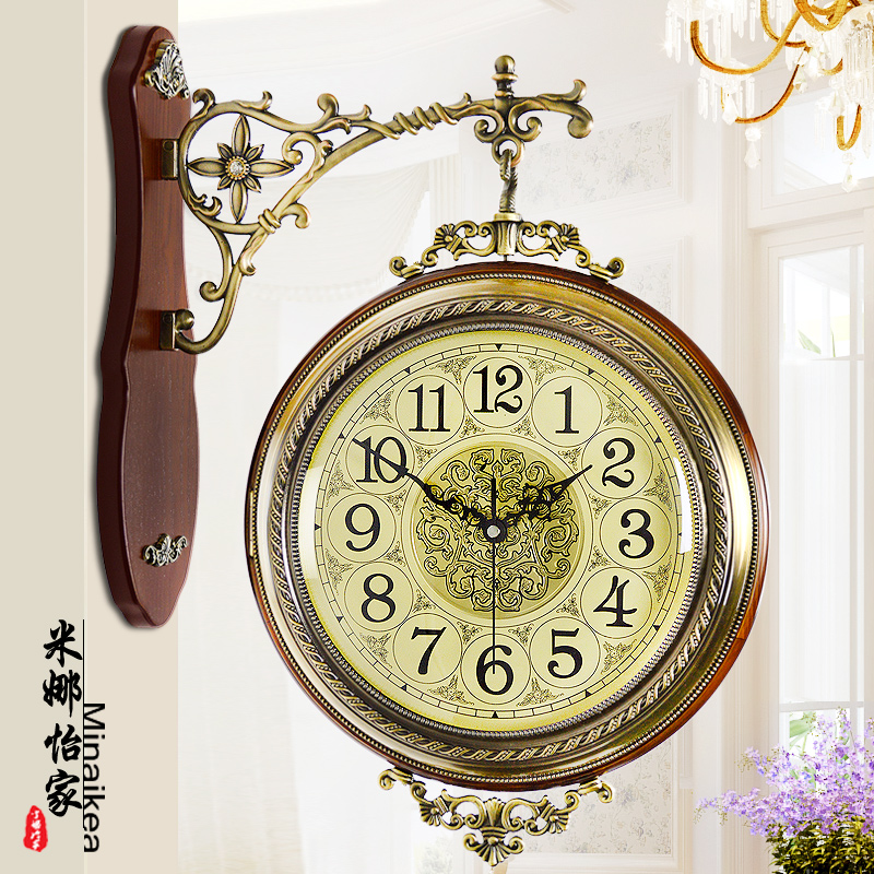 美式实木金属双面挂钟静音欧式客厅两面挂表创意时钟石英钟表大号