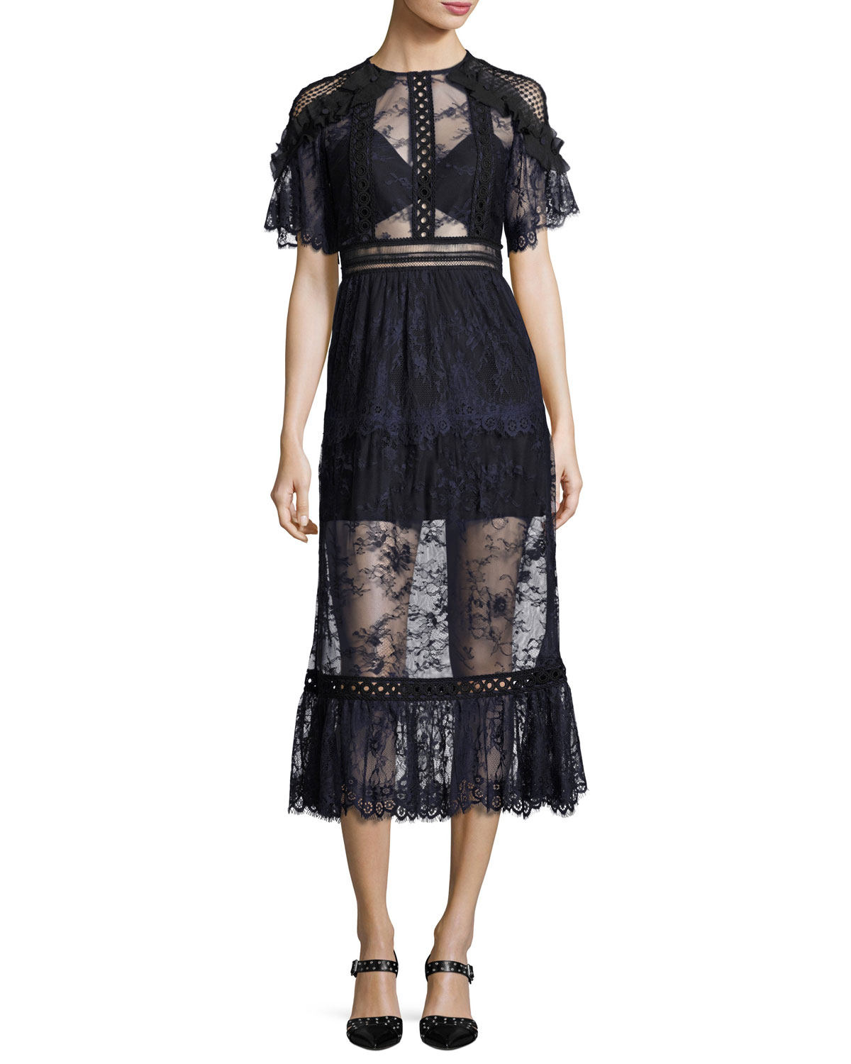 self portrait精致钩花刺绣黑白撞色拼接 无袖 日常款连衣裙