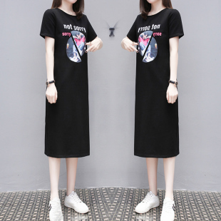 纯黑色印花女裙宽松网红t恤长裙胖mm中长款过膝连衣裙女柔然下垂,可在