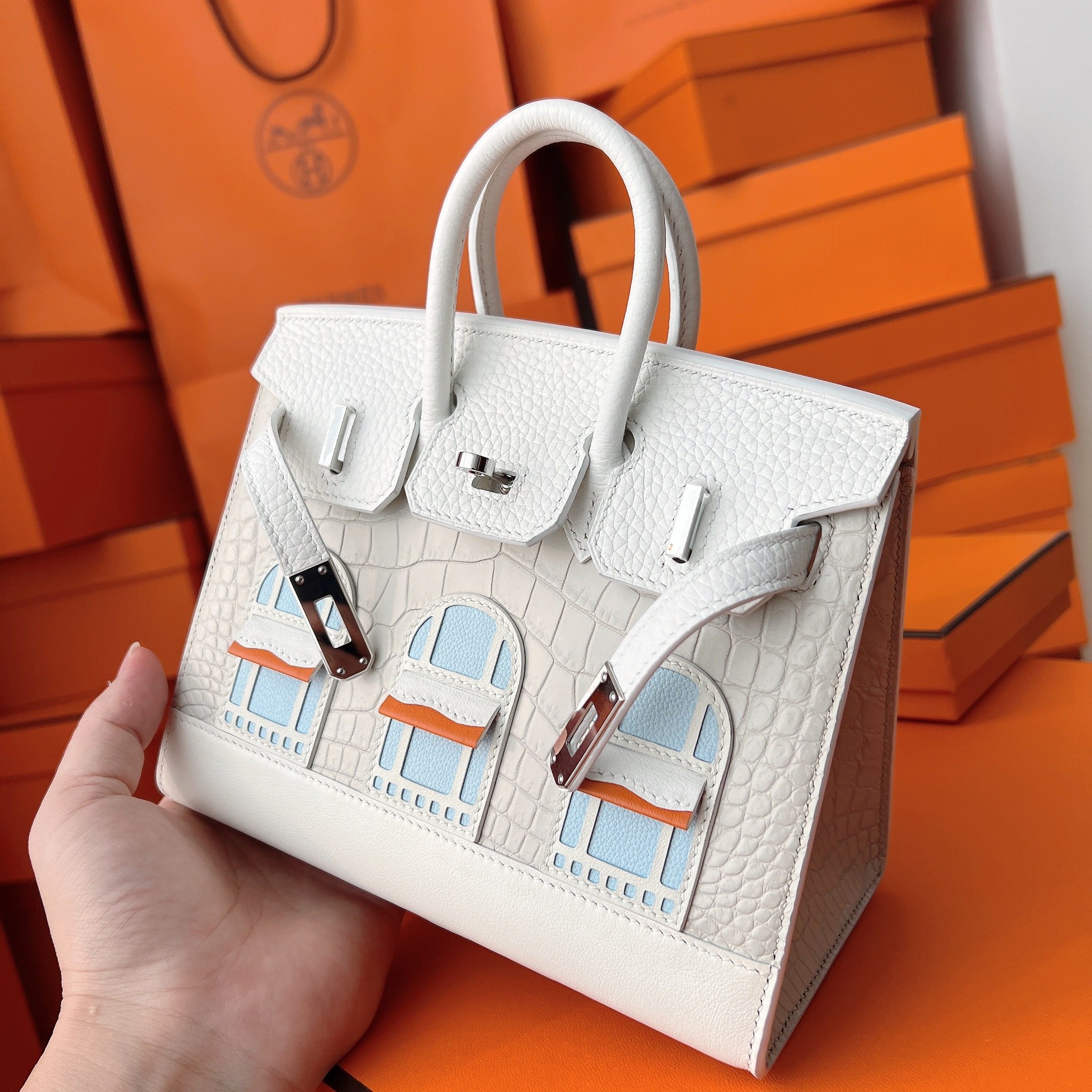 老皮匠手工缝制鳄鱼几何3d小房子包包房子20cm通用款女包