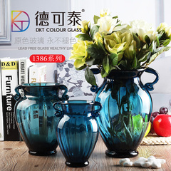 多地包邮 欧式蓝色小浮雕 双耳透明玻璃花瓶餐桌花插现代时尚花器