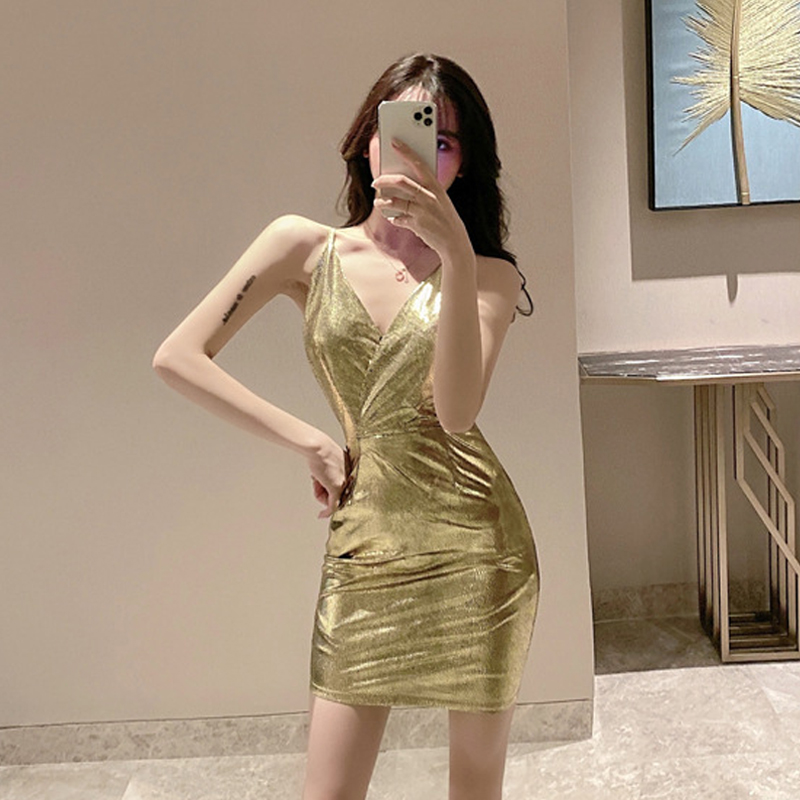 夜店性感v领露背吊带裙生日聚会金色礼服收腰修身显瘦