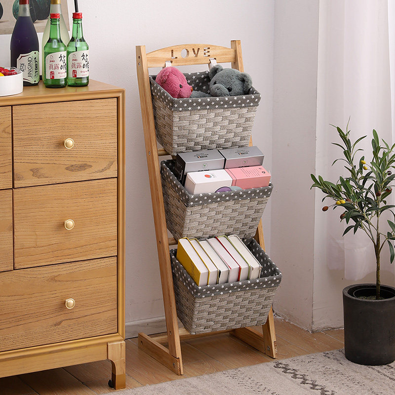 多层置物架卧室落地实木收纳架子防水皮篓储物篮筐客厅小型杂物架