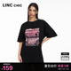 LINC金羽杰短袖上衣女圆领半袖廓形感落肩印花大T恤女S242TS199Y