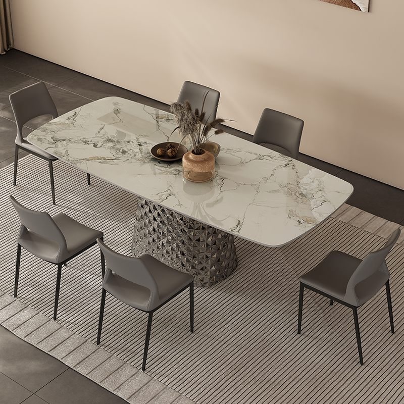 意式轻奢德利丰岩板餐桌现代简约高端定制别墅家用波纹不锈钢饭桌
